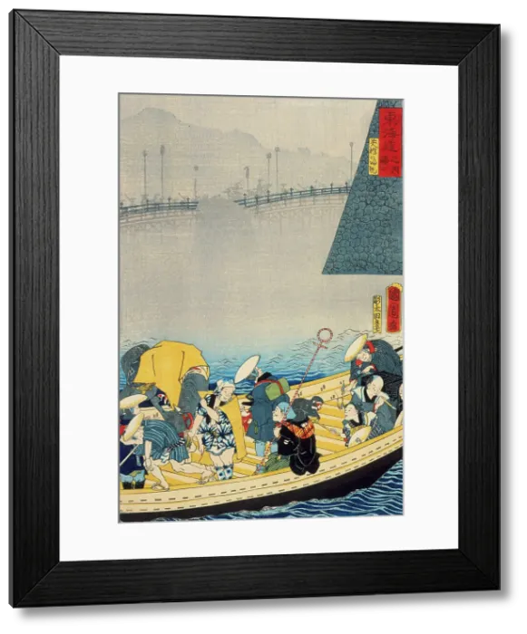 Framed Print : Zeze Castle: Returning Sails at Yabase (Zeze, Yabase no kihan), published in 1863. Creator: Toyohara Kunichika Framed Print : Zeze Castle: Returning Sails at Yabase (Zeze, Yabase no kihan), published in 1863. Creator: Toyohara Kunichika