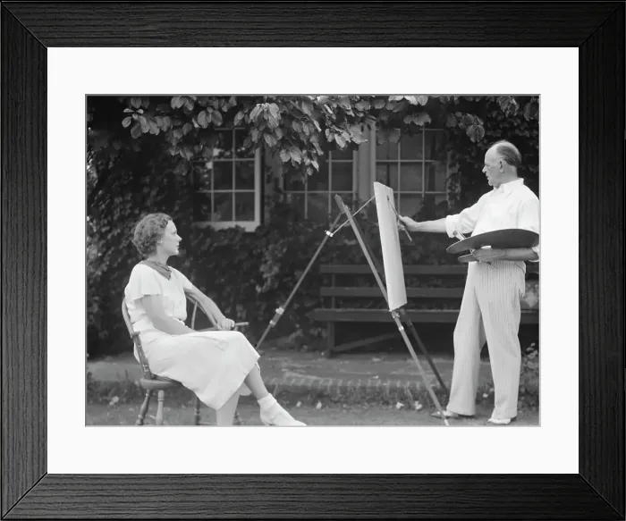 Framed Print : Mr. Hamilton King painting Mrs. Hamilton's portrait outdoors, between 1934 and 1942. Creator: Arnold Genthe Framed Print : Mr. Hamilton King painting Mrs. Hamilton's portrait outdoors, between 1934 and 1942. Creator: Arnold Genthe