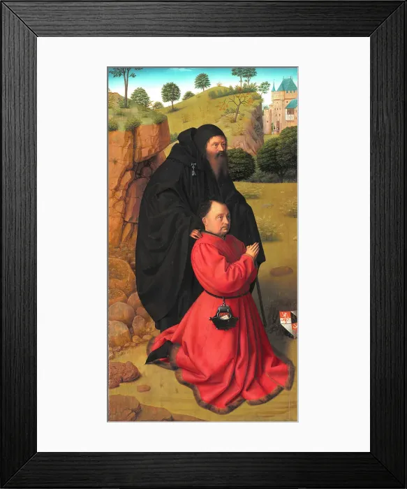 Framed Print : Altar Panel with a Portrait of a Donor in Scarlet under the Protection of St Anthony, 1448-1451. Creator: Petrus Christus Framed Print : Altar Panel with a Portrait of a Donor in Scarlet under the Protection of St Anthony, 1448-1451. Creator: Petrus Christus