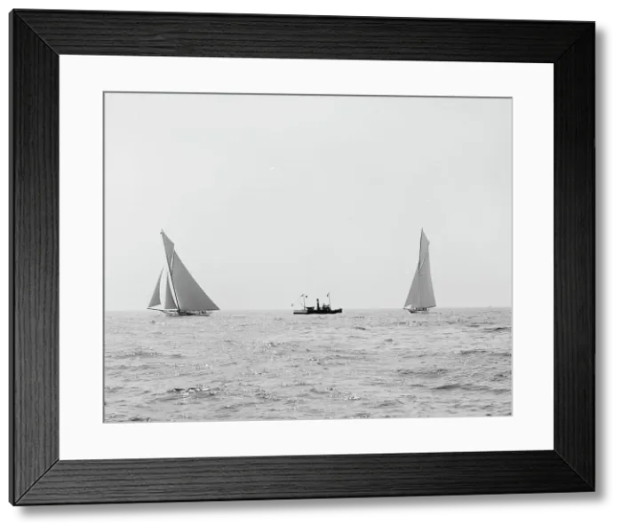 Framed Print : Reliance and Shamrock III coming for the line, Aug. 22, 03, 1903 Aug 22, c1903. Creator: Unknown Framed Print : Reliance and Shamrock III coming for the line, Aug. 22, 03, 1903 Aug 22, c1903. Creator: Unknown