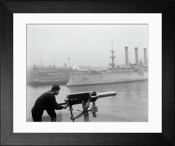 Framed Print : Machine gun at Brooklyn Navy Yard, between 1890 and 1901. Creator: Unknown Framed Print : Machine gun at Brooklyn Navy Yard, between 1890 and 1901. Creator: Unknown