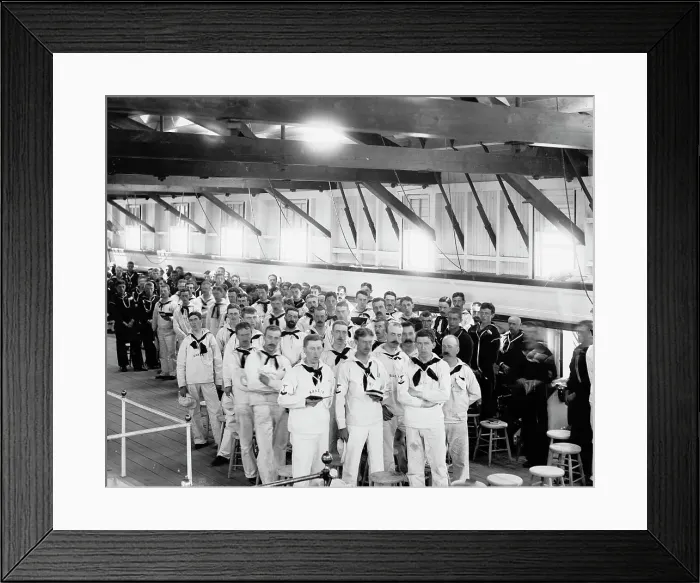 Framed Print : New York Naval Reserves at church service on U.S.S. NewHampshire, between 1890 and 1901. Creator: Unknown Framed Print : New York Naval Reserves at church service on U.S.S. NewHampshire, between 1890 and 1901. Creator: Unknown
