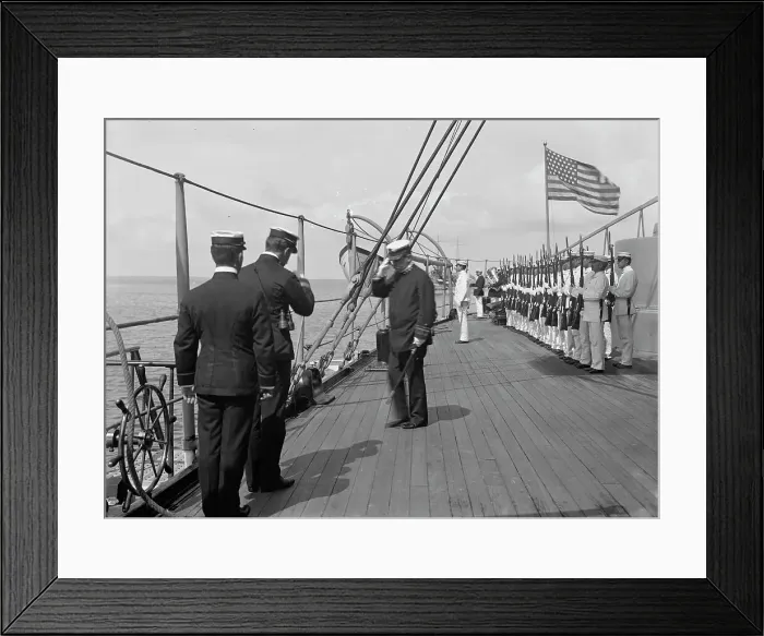 Framed Print : U.S.S. New York, Admiral Farquhar leaving the ship, 1899, 1899. Creator: Unknown Framed Print : U.S.S. New York, Admiral Farquhar leaving the ship, 1899, 1899. Creator: Unknown