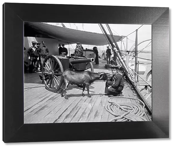U.S.S. New York, Admiral Sampson's son and 'Pitch' the mascot, (1899?). Creator: Unknown. U.S.S. New York, Admiral Sampson's son and 'Pitch' the mascot, (1899?). Creator: Unknown