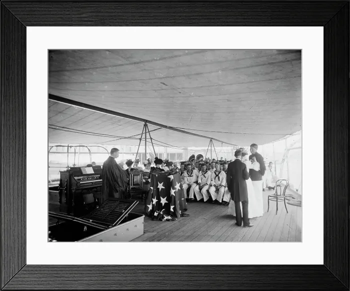 Framed Print : U.S.S. Texas, presentation of cross and badge to Ensign Gherardi by the King's... Aug. 8, 1897. Creator: Unknown Framed Print : U.S.S. Texas, presentation of cross and badge to Ensign Gherardi by the King's... Aug. 8, 1897. Creator: Unknown