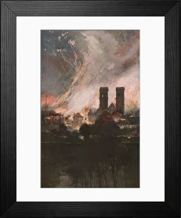 Framed Print : Verdun; Bombardement de Verdun avec des obus incendiaires (nuit du 25 au 26 mars 1916), (1924) Creator: Francois Flameng Framed Print : Verdun; Bombardement de Verdun avec des obus incendiaires (nuit du 25 au 26 mars 1916), (1924) Creator: Francois Flameng