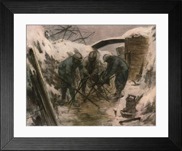 Framed Print : Trois aquarelles du front; construction de reseaux barbeles dans une tranchee... 1916. Creator: Douy Pascault Framed Print : Trois aquarelles du front; construction de reseaux barbeles dans une tranchee... 1916. Creator: Douy Pascault
