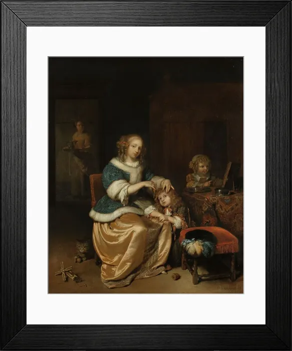 Framed Print : Interior with a Mother Combing her Child's Hair, Known as Maternal Care, 1669. Creator: Gaspar Netscher Framed Print : Interior with a Mother Combing her Child's Hair, Known as Maternal Care, 1669. Creator: Gaspar Netscher