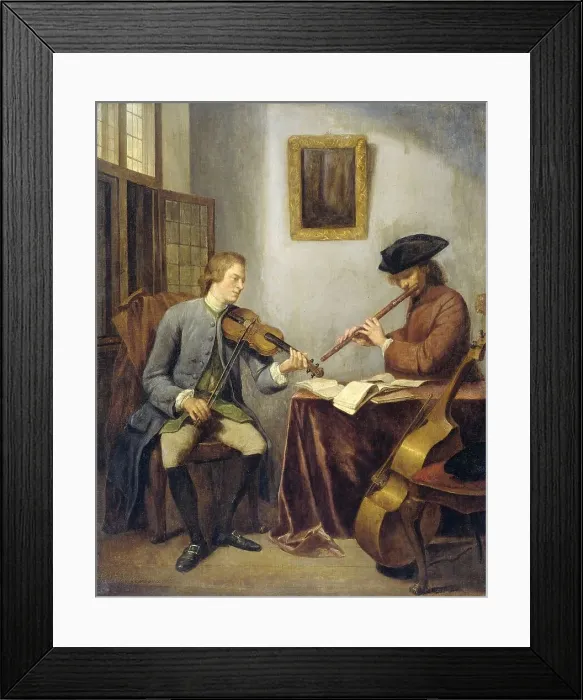 Framed Print : A Violinist and a Flutist Playing Music together (The Musicians), 1755. Creator: Julius Quinkhard Framed Print : A Violinist and a Flutist Playing Music together (The Musicians), 1755. Creator: Julius Quinkhard