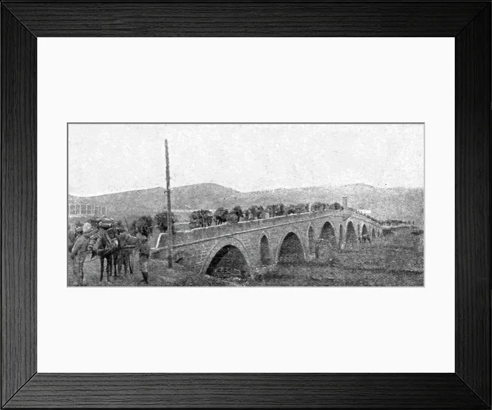 Framed Print : La rupture des lignes Bulgares; La traversee du grand pont de pierre sur la Bregalnitza... 1918. Creator: Unknown Framed Print : La rupture des lignes Bulgares; La traversee du grand pont de pierre sur la Bregalnitza... 1918. Creator: Unknown