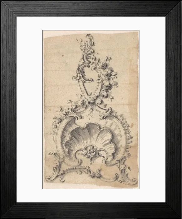 Framed Print : Rocaille-boning with a shell, volutes and flowers, c.1750. Creator: Anon Framed Print : Rocaille-boning with a shell, volutes and flowers, c.1750. Creator: Anon