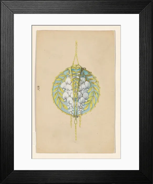 Framed Print : Design for a pendant with flower branches of the White Wisteria, enamelled gold, c.1905. Creator: Paul Louchet