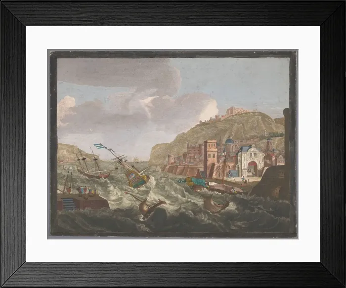 Framed Print : View of a southern harbor with ships and boats on the wild water, 1700-1799. Creators: Anon, Pierre Maleuvre Framed Print : View of a southern harbor with ships and boats on the wild water, 1700-1799. Creators: Anon, Pierre Maleuvre