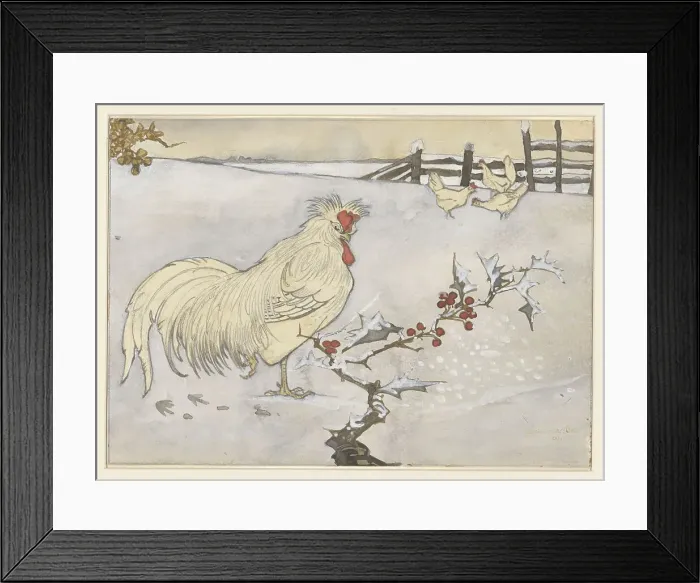 Framed Print : Rooster and three chickens in a snowy landscape with a branch of holly, 1906. Creator: Jan C Van der Ven Framed Print : Rooster and three chickens in a snowy landscape with a branch of holly, 1906. Creator: Jan C Van der Ven