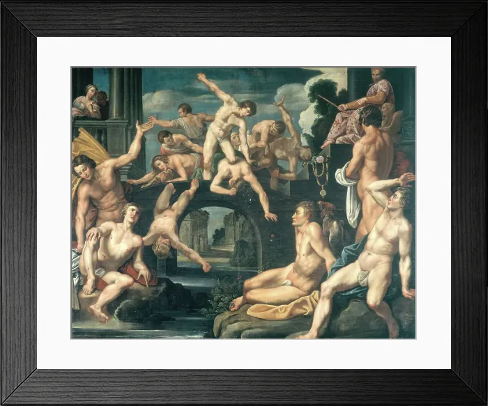 Framed Print : Young men falling from a bridge, allegory, 1622. Creator: Reinhold Timm Framed Print : Young men falling from a bridge, allegory, 1622. Creator: Reinhold Timm