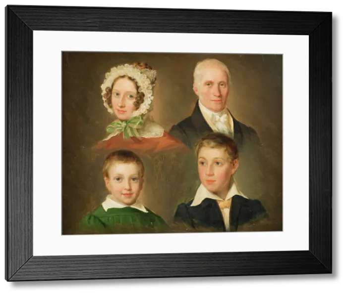 Framed Print : Portraits of the artist's father, wife, son and foster son, 1830s. Creator: Emil Baerentzen Framed Print : Portraits of the artist's father, wife, son and foster son, 1830s. Creator: Emil Baerentzen