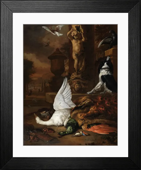 Framed Print : Still life with dead swan, a peacock and a dog by a garden fountain, 1684. Creator: Jan Weenix Framed Print : Still life with dead swan, a peacock and a dog by a garden fountain, 1684. Creator: Jan Weenix