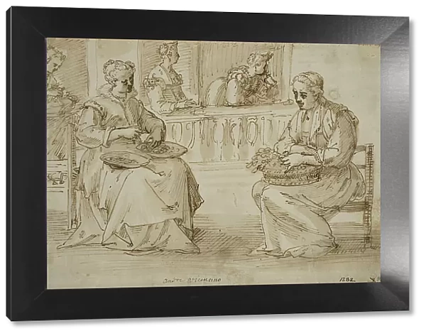 Two women with bowls in their laps sit on a terrace. Creator: Pietro Liberi