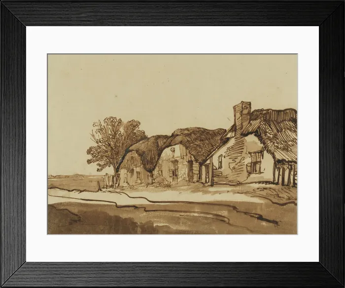 Framed Print : Three cottages by a road, c.1640. Creator: Rembrandt Harmensz van Rijn Framed Print : Three cottages by a road, c.1640. Creator: Rembrandt Harmensz van Rijn