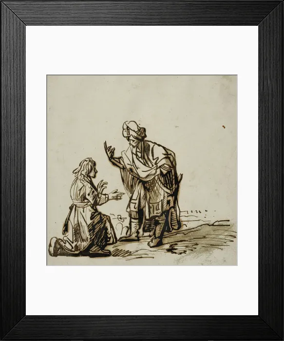Framed Print : Young man kneeling before a standing man in oriental dress. Creator: Rembrandt Harmensz van Rijn Framed Print : Young man kneeling before a standing man in oriental dress. Creator: Rembrandt Harmensz van Rijn