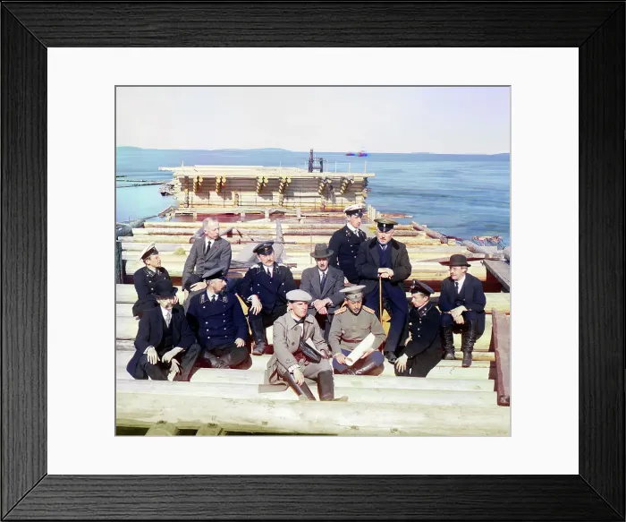 Framed Print : Group of railroad construction participants on the pier in Kem-Pristan, 1915. Creator: Sergey Mikhaylovich Prokudin-Gorsky Framed Print : Group of railroad construction participants on the pier in Kem-Pristan, 1915. Creator: Sergey Mikhaylovich Prokudin-Gorsky