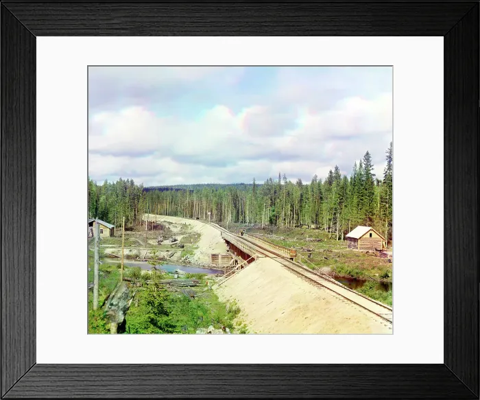 Framed Print : Railroad bridge across Kumsa River near the Medvezhya Gora Station, 1915. Creator: Sergey Mikhaylovich Prokudin-Gorsky Framed Print : Railroad bridge across Kumsa River near the Medvezhya Gora Station, 1915. Creator: Sergey Mikhaylovich Prokudin-Gorsky