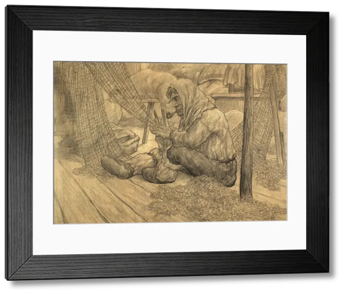 Framed Print : Repairing the net inside the hut, 1928. Creator: Dmitrii Innokent'evich Karatanov Framed Print : Repairing the net inside the hut, 1928. Creator: Dmitrii Innokent'evich Karatanov