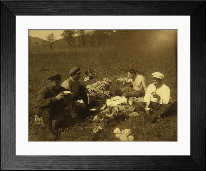 Framed Print : Lunch at the halt. Group portrait, 1920-1929. Creator: Unknown Framed Print : Lunch at the halt. Group portrait, 1920-1929. Creator: Unknown