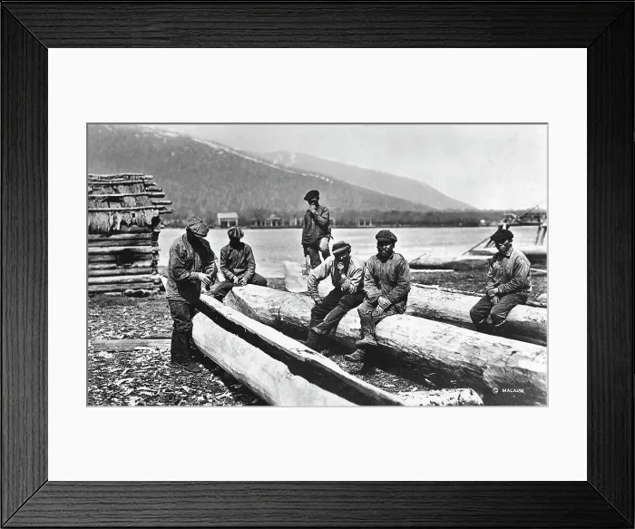 Framed Print : Kamchadals on the river bank near the baht and logs prepared for hollowing out the baht, 1922-1923. Creator: Rene Malaise Framed Print : Kamchadals on the river bank near the baht and logs prepared for hollowing out the baht, 1922-1923. Creator: Rene Malaise