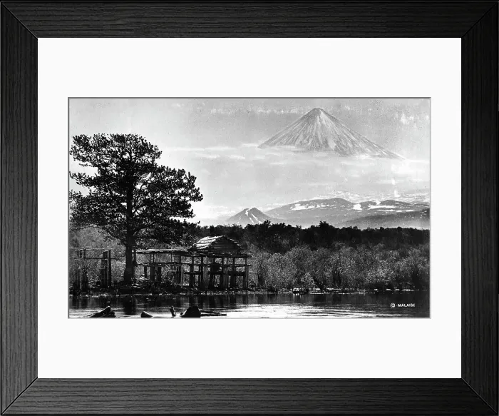 Framed Print : Booths on the river bank against the backdrop of Klyuchevsky volcano, 1922-1923. Creator: Rene Malaise Framed Print : Booths on the river bank against the backdrop of Klyuchevsky volcano, 1922-1923. Creator: Rene Malaise