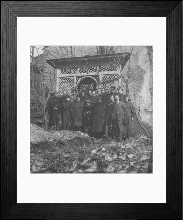 Framed Print : Workers of Dal'geolkom in the Courtyard of the Administration of Dal'geolkom with a Pavilion...1928. Creator: Unknown Framed Print : Workers of Dal'geolkom in the Courtyard of the Administration of Dal'geolkom with a Pavilion...1928. Creator: Unknown