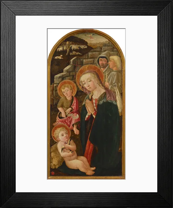 Framed Print : The Adoration of the Christ Child with Shepherds and Saint John the Baptist, 2nd Half of 15th cen. Creator: Domenico di Zanobi, (Master of the Johnson Nativity) (active ca 1460-1499) Framed Print : The Adoration of the Christ Child with Shepherds and Saint John the Baptist, 2nd Half of 15th cen. Creator: Domenico di Zanobi, (Master of the Johnson Nativity) (active ca 1460-1499)