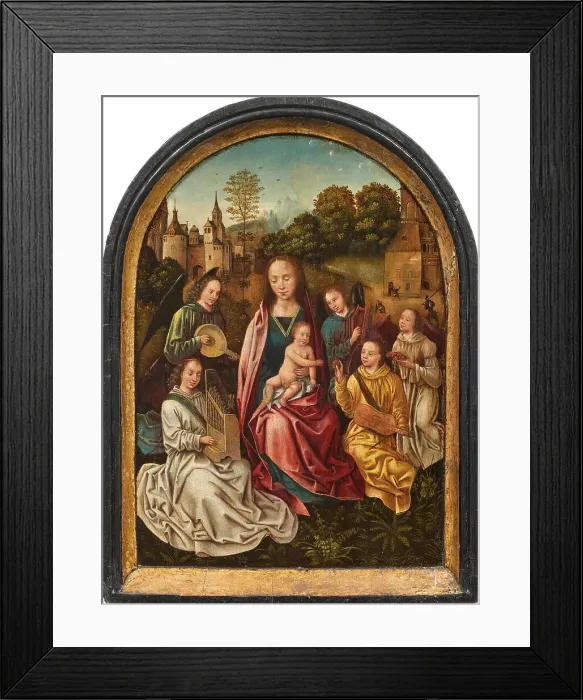 Framed Print : Mary with child surrounded by angels playing music, Early16th cen.. Creator: Master of the Morrison Triptych (active ca 1500-1510) Framed Print : Mary with child surrounded by angels playing music, Early16th cen.. Creator: Master of the Morrison Triptych (active ca 1500-1510)