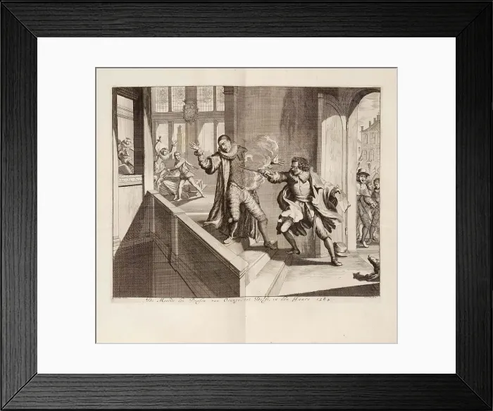 Framed Print : Murder of the Prince of Orange in Delft in 1584, c. 1680. Creator: Luyken, Jan (Johannes) (1649-1712) Framed Print : Murder of the Prince of Orange in Delft in 1584, c. 1680. Creator: Luyken, Jan (Johannes) (1649-1712)