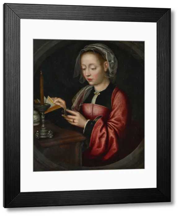 Framed Print : Mary Magdalene Reading, c. 1520. Creator: Master of Bruges (active ca 1520) Framed Print : Mary Magdalene Reading, c. 1520. Creator: Master of Bruges (active ca 1520)