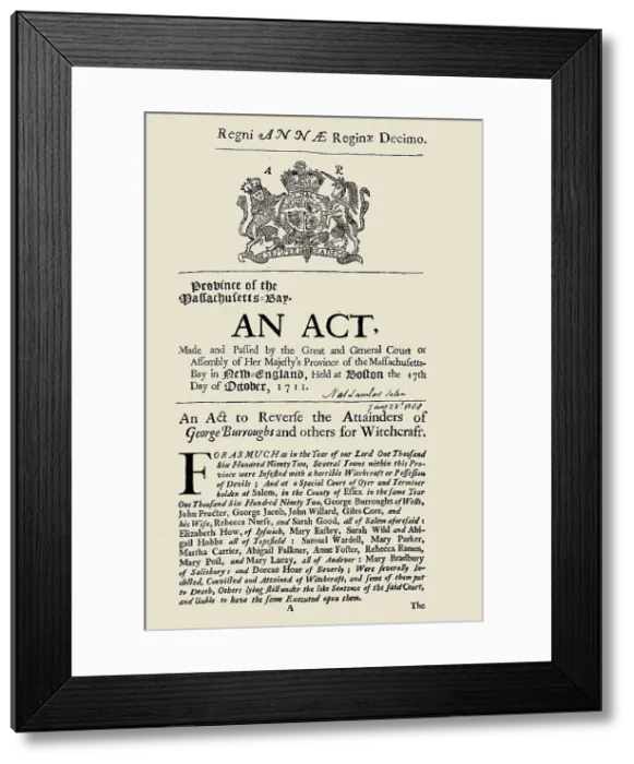 Framed Print : Regni Annae Reginae decimo. The 1711 act of the Massachusetts legislature to reverse the... 1711. Creator: Historic Object Framed Print : Regni Annae Reginae decimo. The 1711 act of the Massachusetts legislature to reverse the... 1711. Creator: Historic Object