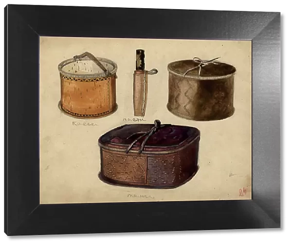 Knife 'pa', birch bark bucket 'kol' and basket 'tamga', Selkups, 1920. Creator: A. G. Vargin. Knife 'pa', birch bark bucket 'kol' and basket 'tamga', Selkups, 1920. Creator: A. G. Vargin