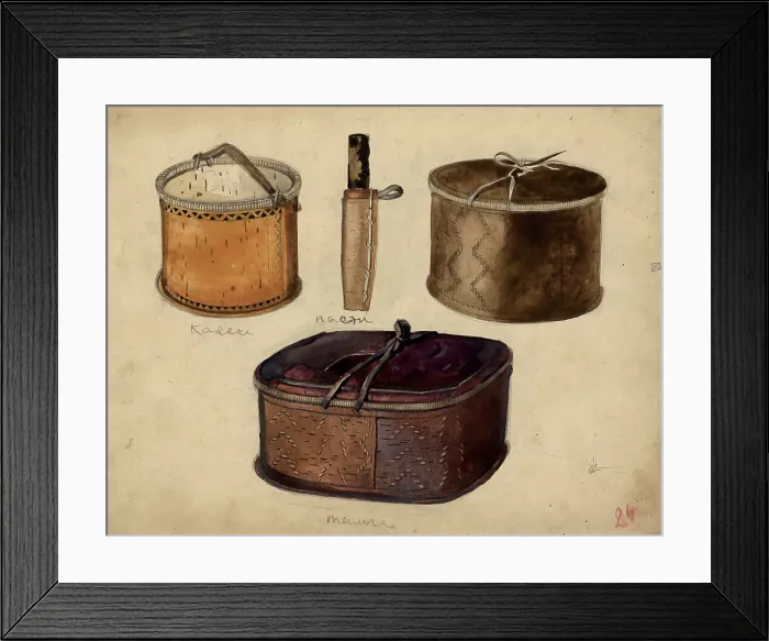 Framed Print : Knife pa, birch bark bucket kol and basket tamga, Selkups, 1920. Creator: A. G. Vargin. Knife pa, birch bark bucket kol and basket tamga, Selkups, 1920. Creator: A. G. Vargin Framed Print : Knife pa, birch bark bucket kol and basket tamga, Selkups, 1920. Creator: A. G. Vargin. Knife pa, birch bark bucket kol and basket tamga, Selkups, 1920. Creator: A. G. Vargin