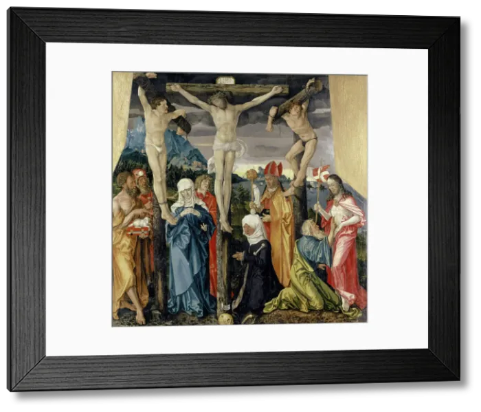 Framed Print : Christ Crucified with the Thieves, Saints and a Female Donor, 1512. Creator: Baldung (Baldung Grien), Hans (1484-1545) Framed Print : Christ Crucified with the Thieves, Saints and a Female Donor, 1512. Creator: Baldung (Baldung Grien), Hans (1484-1545)