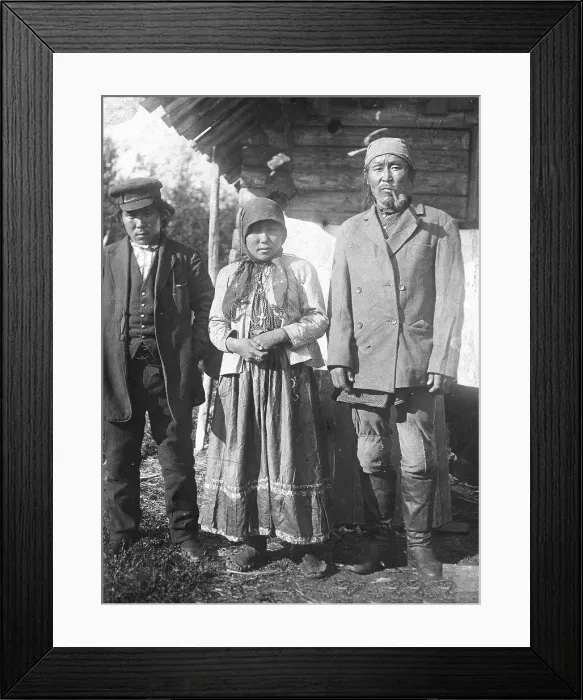 Framed Print : Two Tungus men and a woman with a cross on her chest, 1920-1939. Creator: Unknown Framed Print : Two Tungus men and a woman with a cross on her chest, 1920-1939. Creator: Unknown