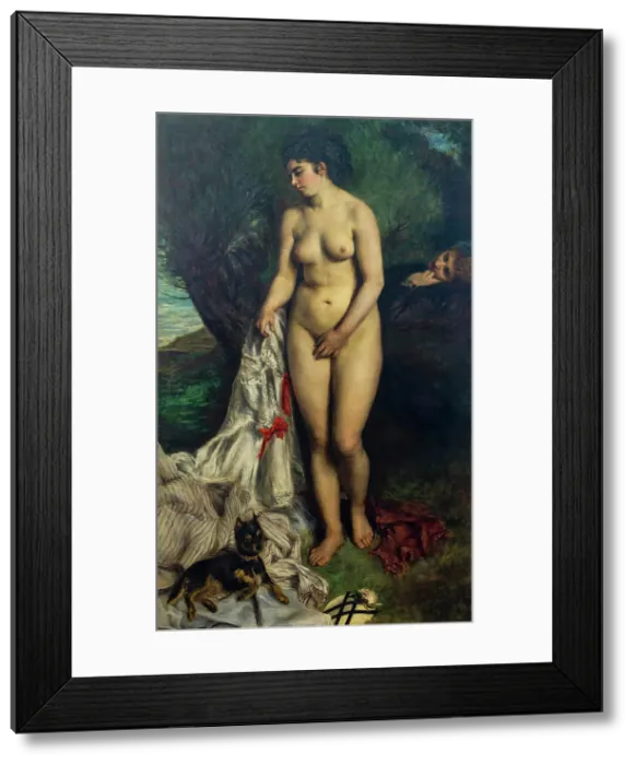 Framed Print : Bather with a Griffon Dog - Lise on the Bank of the Seine, 1870. Creator: Renoir, Pierre Auguste (1841-1919) Framed Print : Bather with a Griffon Dog - Lise on the Bank of the Seine, 1870. Creator: Renoir, Pierre Auguste (1841-1919)