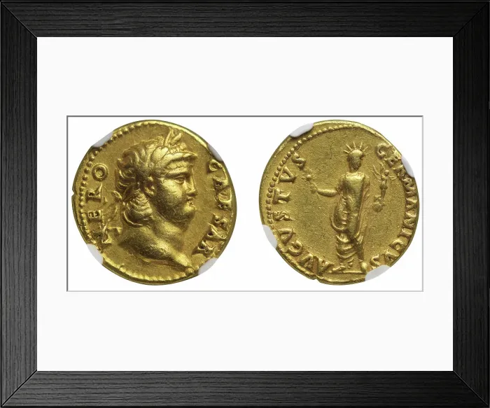 Framed Print : Aureus of Emperor Nero. Obverse: Laureate head of Nero. Reverse: The Colossus of Nero, 54-68. Creator: Numismatic, Ancient Coins Framed Print : Aureus of Emperor Nero. Obverse: Laureate head of Nero. Reverse: The Colossus of Nero, 54-68. Creator: Numismatic, Ancient Coins