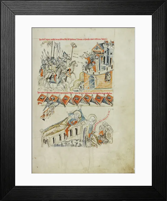 Framed Print : Tartars Carrying the Head of Heinrich before Castle Liegnitz Saint Hedwig... 2nd Half of 14th cen. Creator: Workshop of the Codex of Lubin (Vita beatae Hedwigis) (1364-1398)