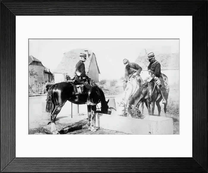 Framed Print : French Officers watering horses, between c1914 and c1915. Creator: Bain News Service Framed Print : French Officers watering horses, between c1914 and c1915. Creator: Bain News Service