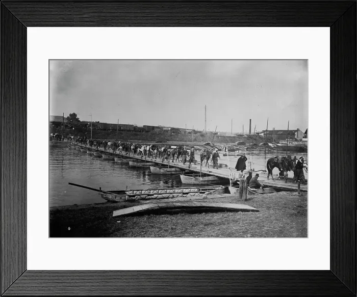 Framed Print : Spahis cross boat bridge, Compiegne, 1914. Creator: Bain News Service Framed Print : Spahis cross boat bridge, Compiegne, 1914. Creator: Bain News Service