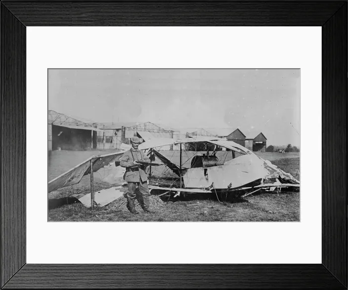 Framed Print : German guarding wrecked aeroplane, between 1914 and c1915. Creator: Bain News Service Framed Print : German guarding wrecked aeroplane, between 1914 and c1915. Creator: Bain News Service