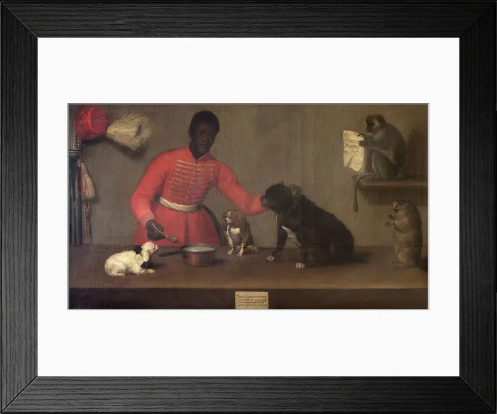 Framed Print : Page with three dogs, a marmot and a monkey, end of 17th - Early 18th century. Creator: Unknown artist Framed Print : Page with three dogs, a marmot and a monkey, end of 17th - Early 18th century. Creator: Unknown artist