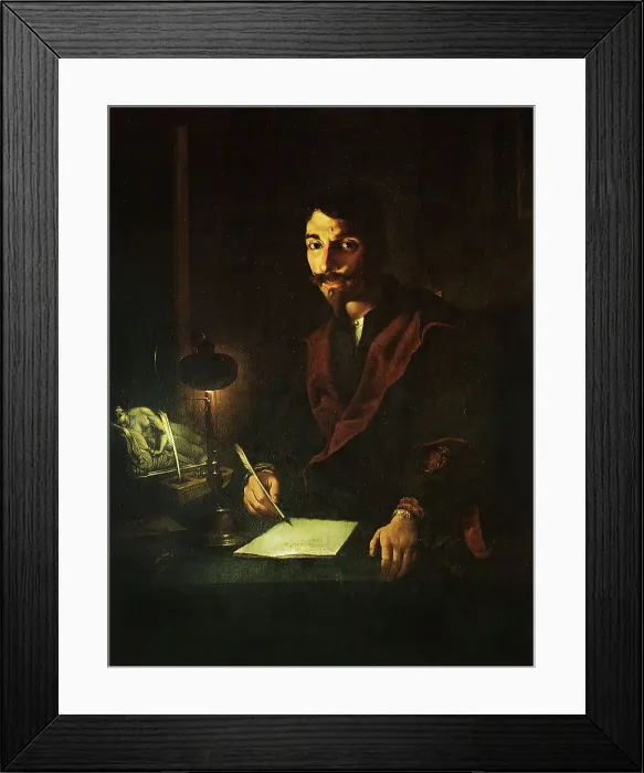 Framed Print : Portrait of a man writing in lamplight (self-portrait), 1635-1640. Creator: Paolini, Pietro (1603-1682) Framed Print : Portrait of a man writing in lamplight (self-portrait), 1635-1640. Creator: Paolini, Pietro (1603-1682)