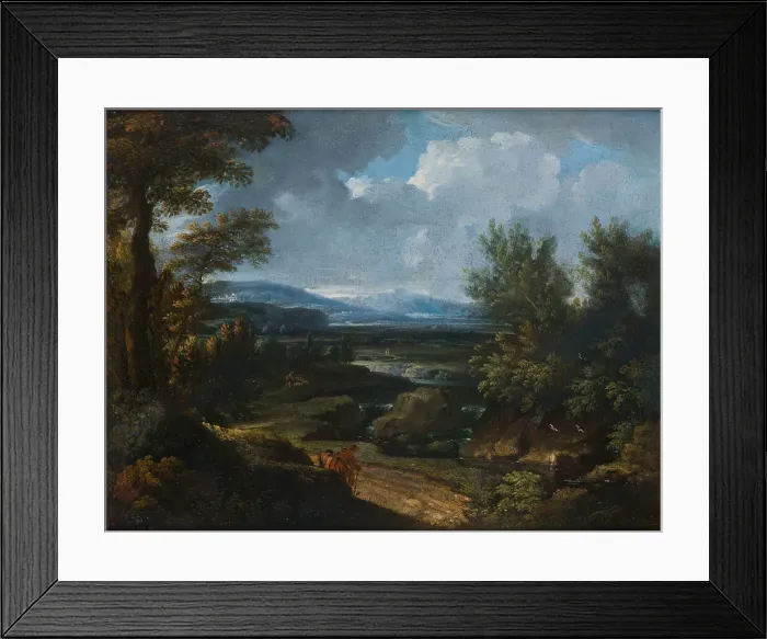 Framed Print : Landscape with village, waterfall and shepherd. Creator: Dughet, Gaspard (1615-1675) Framed Print : Landscape with village, waterfall and shepherd. Creator: Dughet, Gaspard (1615-1675)