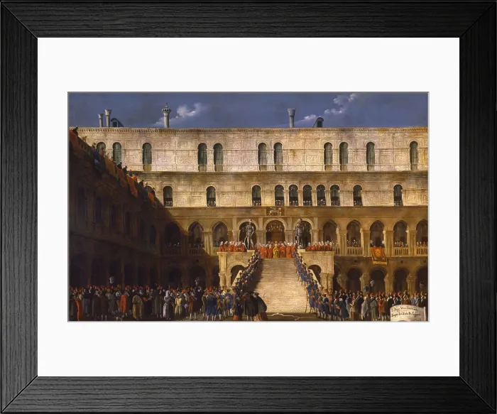 Framed Print : The Doge's coronation on the Scala dei Giganti in the courtyard of the Doge's Palace, 1779-1792. Creator: Bella, Gabriele (1730-1799) Framed Print : The Doge's coronation on the Scala dei Giganti in the courtyard of the Doge's Palace, 1779-1792. Creator: Bella, Gabriele (1730-1799)